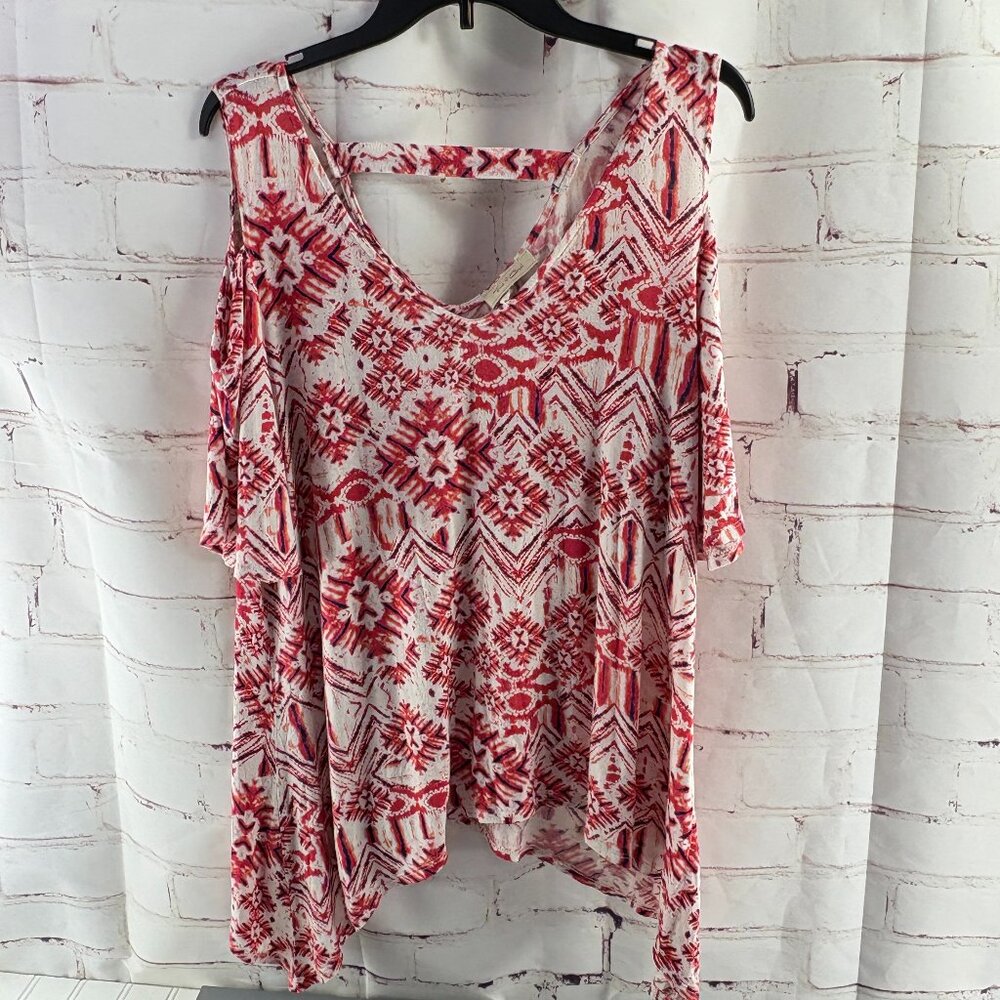 Front of Closet Orangish Red / White Open Shoulder Blouse / Top 2X